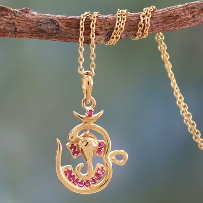 Gold vermeil ruby pendant necklace, 'Om Ganesha' - 18k Gold Plated Ruby Pendant Necklace