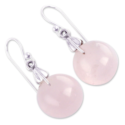 Rose quartz dangle earrings, 'Moon of Romance' - Rose Quartz Sphere Earrings India Artisan Jewelry