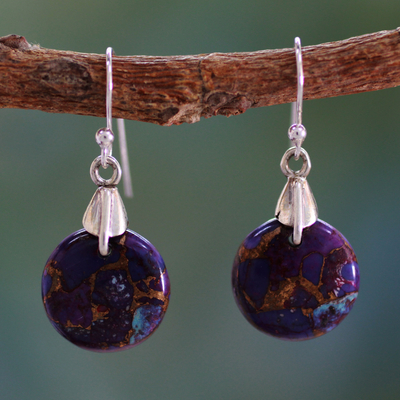 Pendientes colgantes de plata de ley - Pendientes esfera turquesa violeta joyeria artesana india