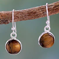 Tiger's eye dangle earrings, 'Lucky Hunch' - Tiger's Eye Earrings Sterling Silver Jewellery