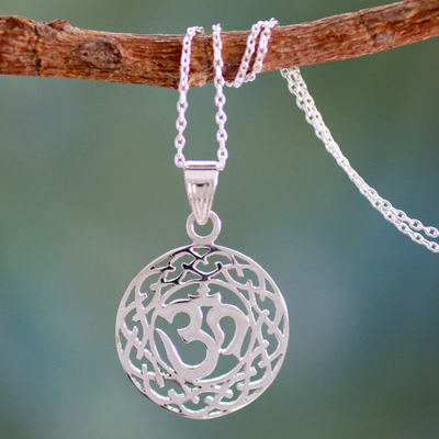 Sterling silver pendant necklace, 'Spiritual Om' - Artisan Crafted Necklace from India