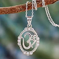 Sterling silver pendant necklace, 'Peaceful Om' - Hand Crafted CZ and Silver Necklace from India