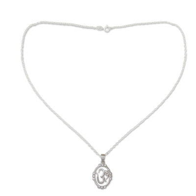 Sterling silver pendant necklace, 'Peaceful Om' - Hand Crafted CZ and Silver Necklace from India