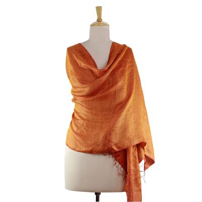 Reversible silk shawl, 'Sunset and Harmony' - India Orange and Red Handmade Silk Shawl
