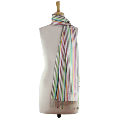 Silk scarf, 'Colors of Bihar' - Multicolor Striped Silk Scarf from India