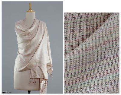 Silk shawl, 'Subtle Rainbow' - India White and Multicolor Handmade Silk Shawl