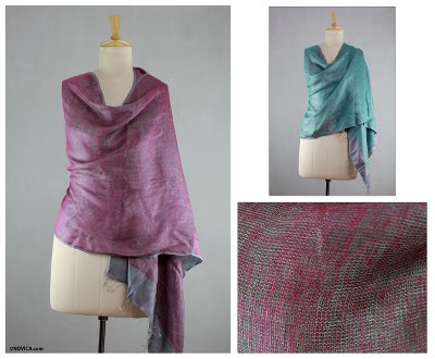 Reversible silk shawl, 'Amethyst Teal' - Purple and Teal Handmade 100% Silk Shawl from India