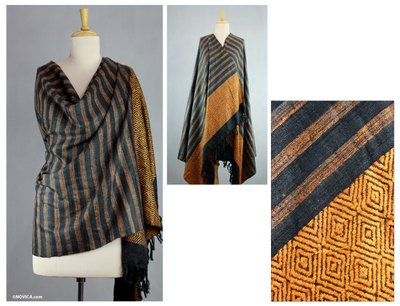Silk shawl, 'Sunset Diamonds' - orange and Charcoal Handmade Tussar Silk Shawl