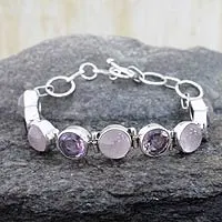 Pulsera de eslabones de cuarzo rosa y amatista, 'Romance espiritual' - Pulsera de plata de ley con cuarzo rosa y amatista