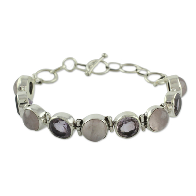 Rose quartz and amethyst link bracelet, 'Spiritual Romance' - Sterling Silver Bracelet with Rose Quartz and Amethyst
