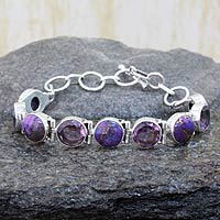 Amethyst link bracelet, 'Spiritual Friendship' - Turquoise Sterling Silver Bracelet with Amethyst Gemstones