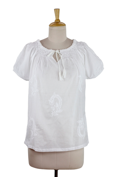 Blusa de algodón - Blusa Blanca de Algodón con Lujoso Bordado a Mano