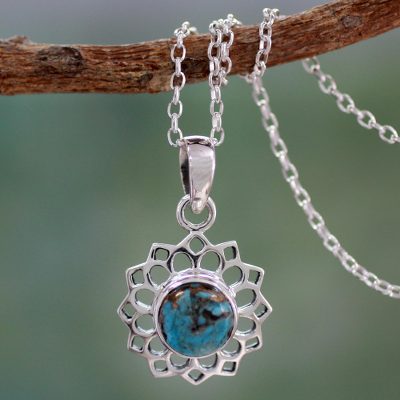 Sterling silver pendant necklace, 'Star of Gujurat' - Turquoise colour Necklace Hand Crafted in Sterling Silver