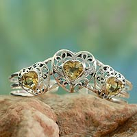 Citrine cuff bracelet, 'Golden Hearts' - Citrine Hearts and Sterling Silver Cuff Bracelet