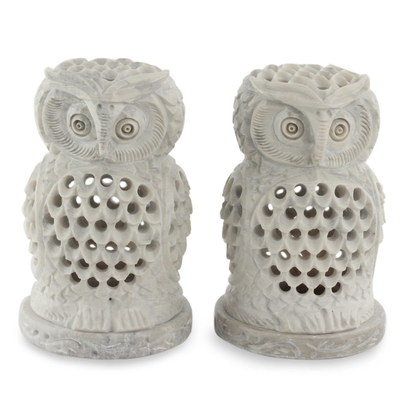Hand Carved Soapstone Owl Candle Holders (Pair)