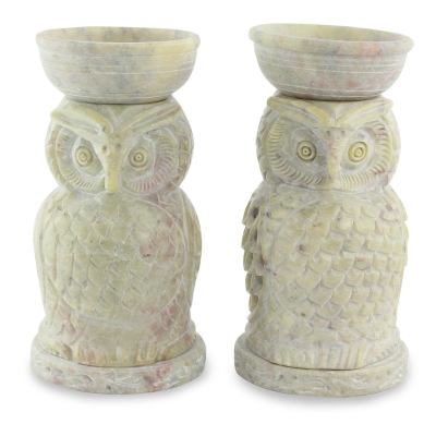 Soapstone oil warmers, 'Lucky Owls' (pair) - Hand Carved Soapstone Owl Aromatic Oil Warmers (Pair)