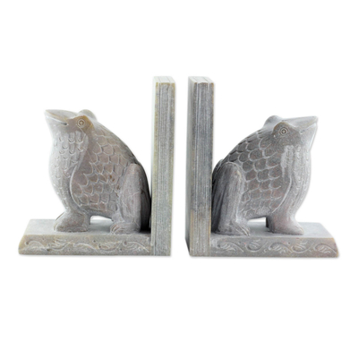 Soapstone bookends, 'Happy Hoppy Frog' (pair) - Hand Carved Soapstone Frog Bookends (Pair)