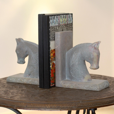 Soapstone bookends, 'Pretty Ponies' (pair) - Hand Carved Soapstone Horse Bookends (Pair)