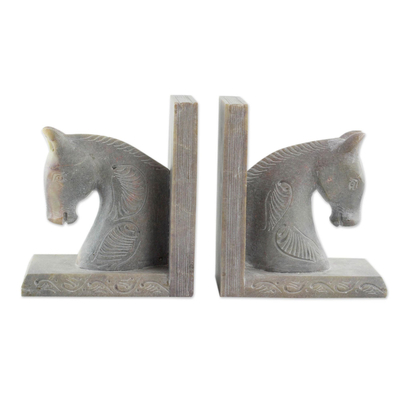Soapstone bookends, 'Pretty Ponies' (pair) - Hand Carved Soapstone Horse Bookends (Pair)