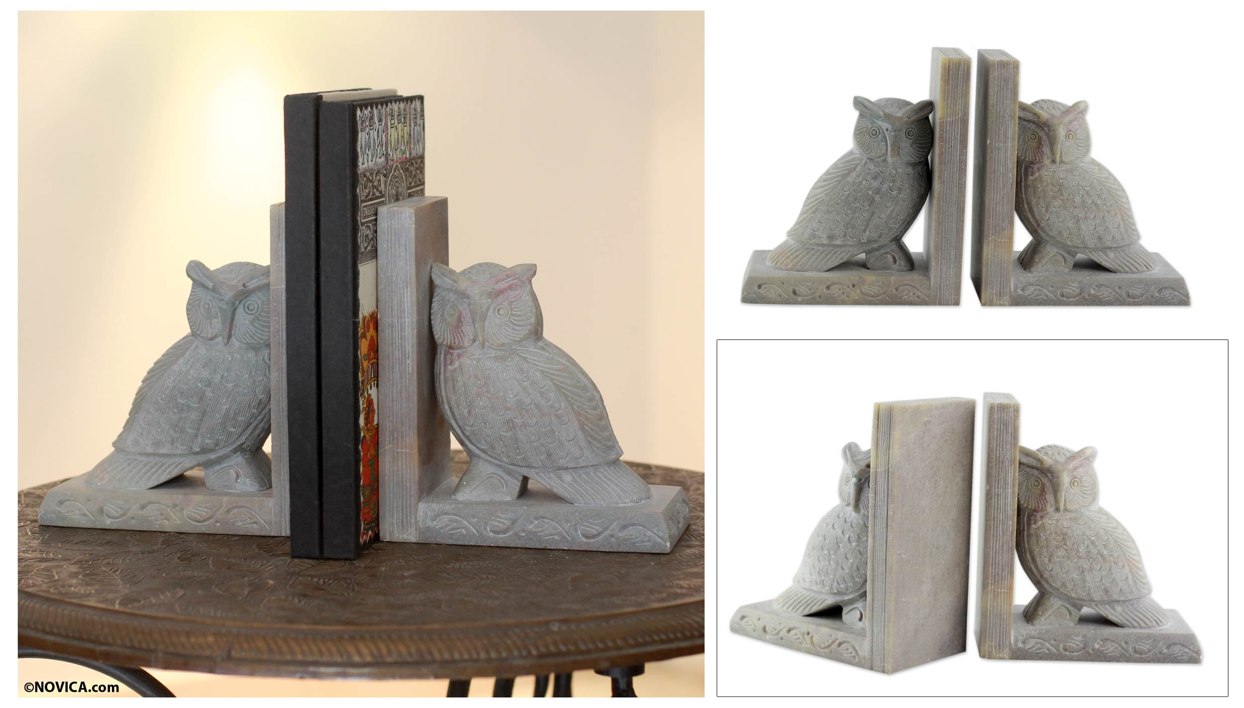 Hand Made Carved Gorara Stone Owl Owlet Book Ends Bookends Holder Display Stand