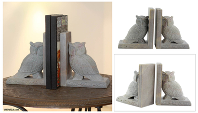 Soapstone bookends, 'Wisdom' (pair) - Hand Carved Soapstone Owl Bookends (Pair)
