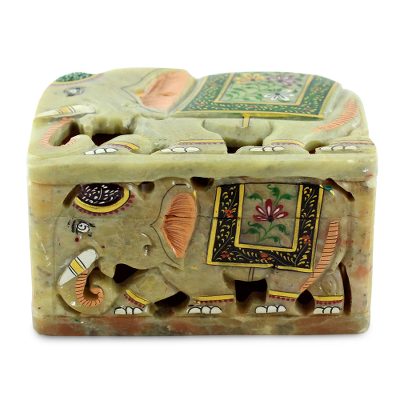 Soapstone box, 'Royal Indian Elephants' - Handmade Royal Elephant Soapstone Decorative Box