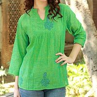 Túnica de algodón, 'Lapis Paisley' - Top tipo túnica de algodón verde con estampado de bloques