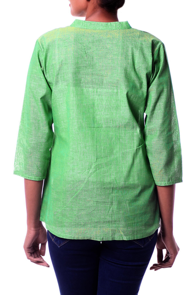 Túnica de algodón - Top túnica de algodón verde block print