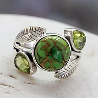 Anillo de cóctel de peridoto - Anillo de peridoto hecho a mano con turquesa compuesta