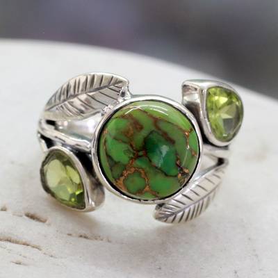 Peridot cocktail ring, 'Green Ivy' - Handmade Peridot Ring with Composite Turquoise