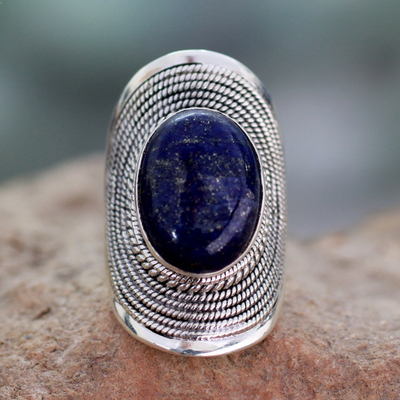 Lapis lazuli cocktail ring, 'Jaipur Blue' - Sterling Silver Lapis Lazuli Ring from India