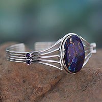 Sterling silver cuff bracelet, 'Violet Island' - Amethyst and Turquoise Silver Bracelet