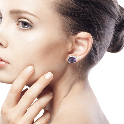 Amethyst stud earrings, 'Scintillate' - 2 Carat Amethyst Stud Earrings from India