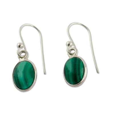 Malachite dangle earrings, 'Verdant Paths' - Silver and Malachite Earrings Crafted in India