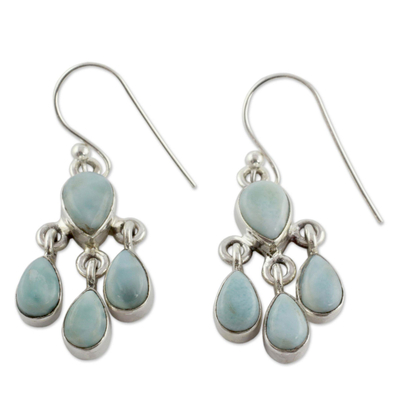 Larimar chandelier earrings, 'Sky Drops' - Handmade Larimar and Sterling Silver Chandelier Earrings