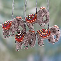 Wool ornaments, 'Elephants in Red' (set of 4) - Set of 4 Handmade Elephant Ornaments