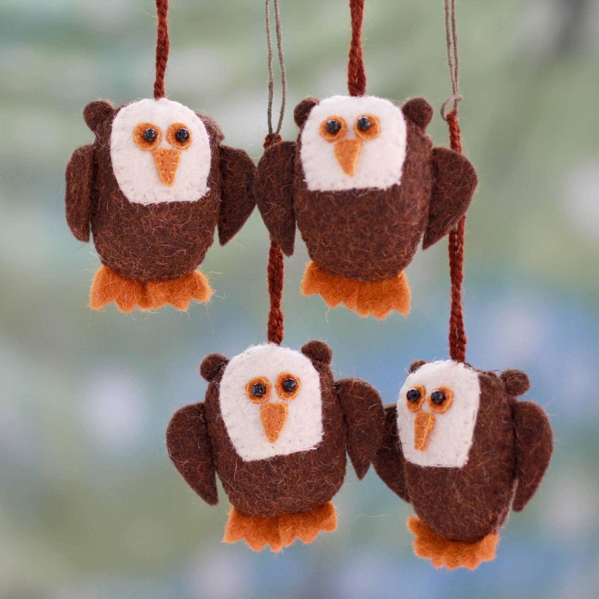UNICEF Market Four Handmade Owl Ornaments Set Solemn Brown Owls