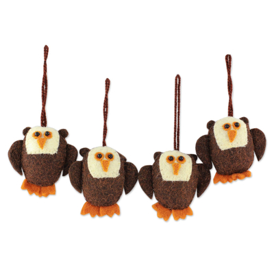 Wool ornaments, 'Solemn Brown Owls' (set of 4) - Four Handmade Owl Ornaments Set