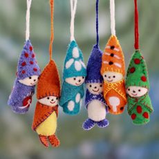 Set of 6 Handmade Wool Ornaments from India, “Babies in Snowsuits”