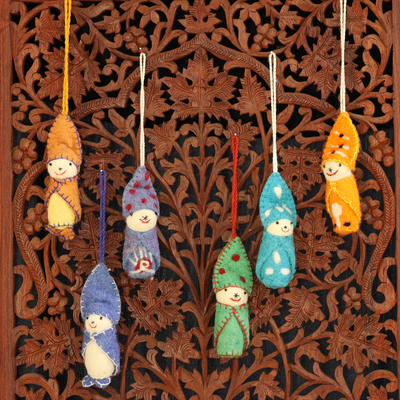 Wool ornaments, 'Babies in Snowsuits' (set of 6) - Set of 6 Handmade Wool Ornaments from India