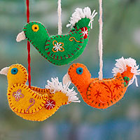 Wool ornaments, 'Song of Joy' (set of 3) - 3 Fair Trade Bird Ornaments from India