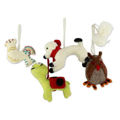 Wool ornaments, 'Cheerful Creatures' (set of 4) - Hand Crafted Wool Animal Ornaments (Set of 4)
