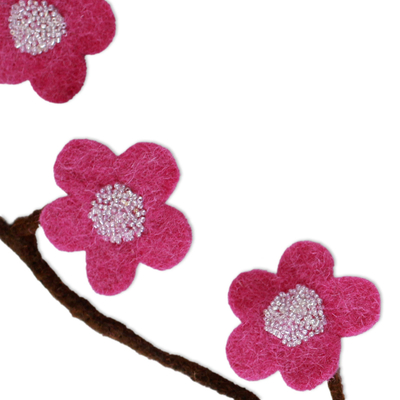Wool Christmas tree garland, 'Hot Pink Blossoms' - Hot Pink Handmade Felt Holiday Garland