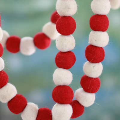 Wool Christmas tree garland, 'Candy Cane Pompoms' - Red and White Handmade Felt Holiday Garland