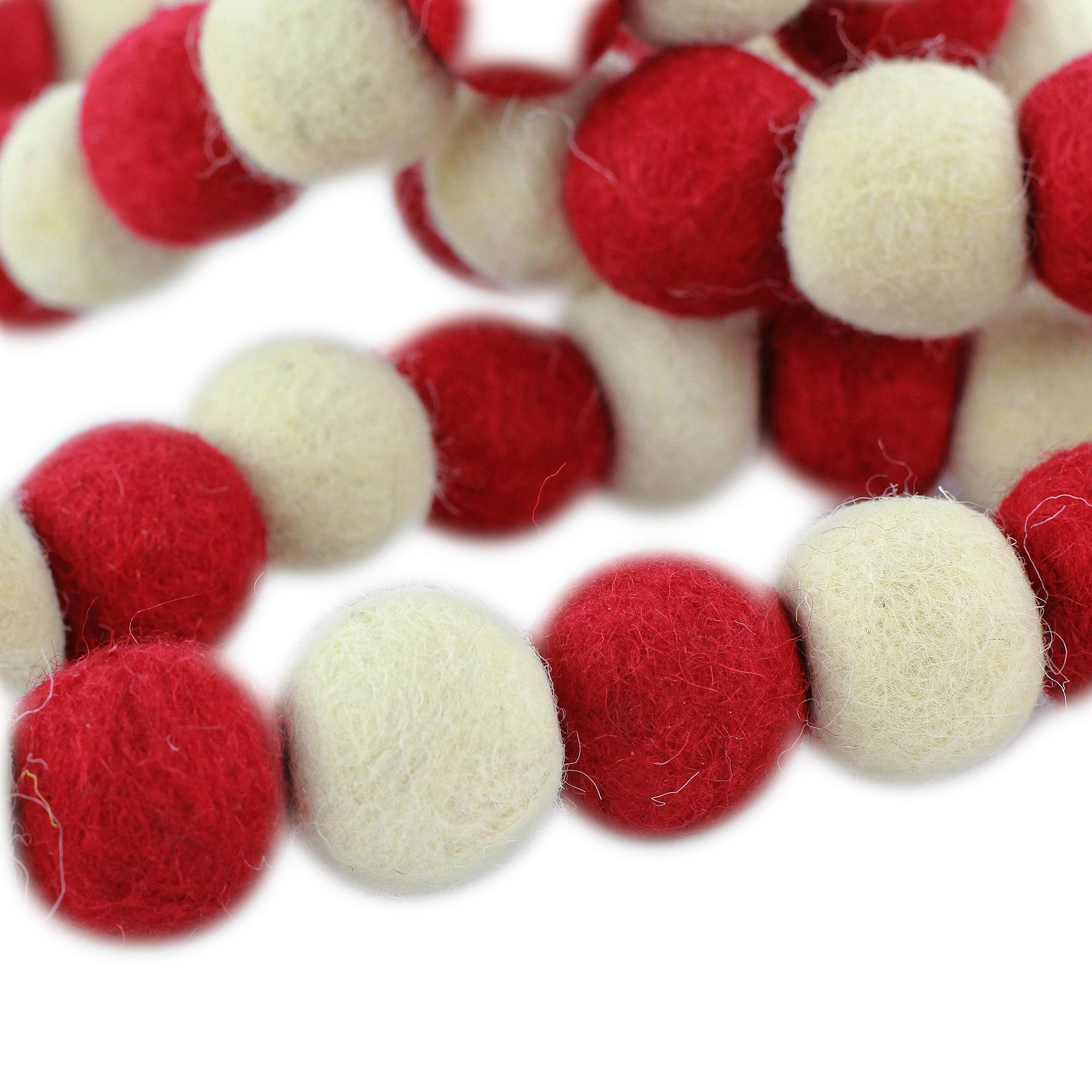 Red and White Handmade Felt Holiday Garland - Candy Cane Pompoms | NOVICA