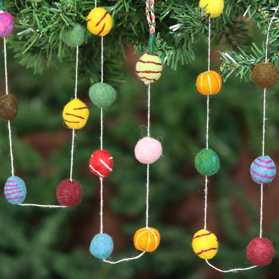 Wool Christmas tree garland, 'Gumdrop Pompoms' - Embroidered Handmade Felt Holiday Garland