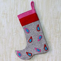 Wool Christmas stocking, 'Festivity' - Modern Wool Applique Christmas Stocking