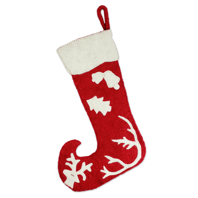 Wool Christmas stocking, 'Holiday Spirit' - Red and White Wool Applique Christmas Stocking