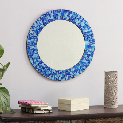 Espejo de mosaico de vidrio, 'Tropical Fusion' - Espejo de pared redondo con azulejos de vidrio hecho a mano