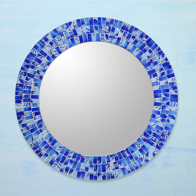 Glass mosaic mirror, 'Tropical Fusion' - Handcrafted Glass Tile Round Wall Mirror